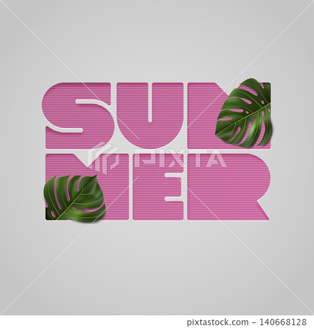 Paper cut pink letters SUMMER with tropical leaves on light gray background. Vector Illustration with typography and monstera leaf for shirt, banner, sale, discount, flyer, invitation, poster. Paper cut pink letters SUMMER with tropical leaves on light gray background. Vector Illustration with typography and monstera leaf for shirt, banner, sale, discount, flyer, invitation, poster. 140668128