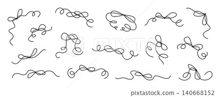 Whimsical black hand drawn wedding bows set. Romantic ribbon ornament set as curly bow doodle element for cute invite and simple card. Decorative outline frame for vintage celebration menu or Whimsical black hand drawn wedding bows set. Romantic ribbon ornament set as curly bow doodle element for cute invite and simple card. Decorative outline frame for vintage celebration menu or 140668152
