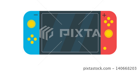 Modern flat videogame console icon with portable device look. Blue and red handheld gadget for player and video game fans, in y2k style. Perfect for fun technology or entertainment themes. Modern flat videogame console icon with portable device look. Blue and red handheld gadget for player and video game fans, in y2k style. Perfect for fun technology or entertainment themes. 140668203