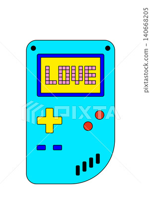 Retro pixel game console in flat graphic style. Classic electronic player device with y2k cool technology, blue and yellow color. Love and game vibe for trendy pop context, modern playful accent. Retro pixel game console in flat graphic style. Classic electronic player device with y2k cool technology, blue and yellow color. Love and game vibe for trendy pop context, modern playful accent. 140668205
