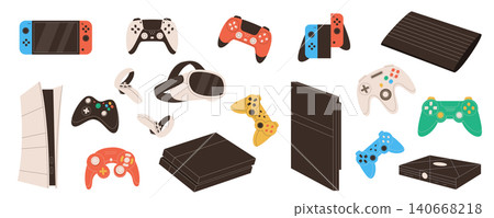 Modern flat set of console, gamepad and gadget with player and joystick. Videogame controller equipment in y2k style. Video game set for entertainment technology, perfect for electronic use. Modern flat set of console, gamepad and gadget with player and joystick. Videogame controller equipment in y2k style. Video game set for entertainment technology, perfect for electronic use. 140668218