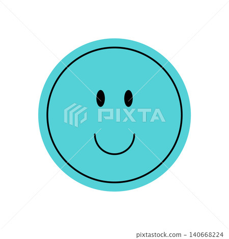 Happy blue flat retro smiley emoji icon with simple eyes forms a cute y2k emoticon element. The round smile and vintage expression create a positive, trendy accent for digital pop art moods. Happy blue flat retro smiley emoji icon with simple eyes forms a cute y2k emoticon element. The round smile and vintage expression create a positive, trendy accent for digital pop art moods. 140668224