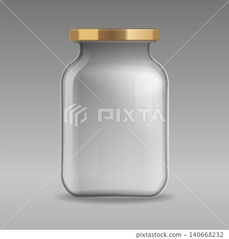 Realistic vector empty glass jar for canning and preserving with gold lid closeup isolated on transparent background. Design template for mockup, advertise, branding. EPS10. 140668232