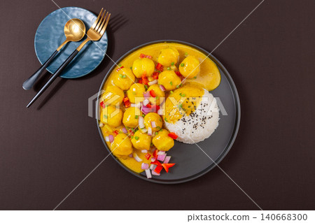 delicious curry fish balls rice bowl garnished with chopped onions and peppers on a black plate, Asian style comfort food delicious curry fish balls rice bowl garnished with chopped onions and peppers on a black plate, Asian style comfort food 140668300