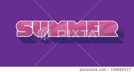 SUMMER extrude pink inscription with tropical leaves on purple background. Vector illustration with typography for shirt, summer sale banner, discount, flyer, invitation, poster. SUMMER extrude pink inscription with tropical leaves on purple background. Vector illustration with typography for shirt, summer sale banner, discount, flyer, invitation, poster. 140668317