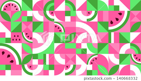 Seamless geometric pattern with watermelon in Bauhaus style. Texture of simple repeating shapes, mosaic of squares and triangles. Vector illustration for background, wallpaper Seamless geometric pattern with watermelon in Bauhaus style. Texture of simple repeating shapes, mosaic of squares and triangles. Vector illustration for background, wallpaper 140668332