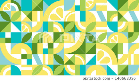 Geometric abstract texture in Bauhaus style with lemon. Seamless repeating pattern with simple shapes, mosaic of squares and triangles. Vector retro illustration for background, wallpaper Geometric abstract texture in Bauhaus style with lemon. Seamless repeating pattern with simple shapes, mosaic of squares and triangles. Vector retro illustration for background, wallpaper 140668356