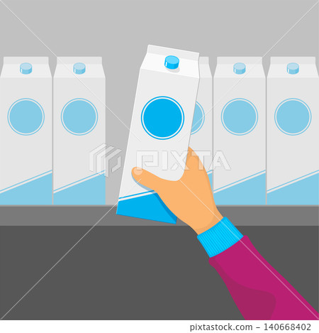 Buyer takes a packet of milk from the shelf in the supermarket. Choice and purchase of products in the store. Vector isometric flat style illustration. Buyer takes a packet of milk from the shelf in the supermarket. Choice and purchase of products in the store. Vector isometric flat style illustration. 140668402