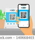 Screen smartphone with app in hand. Scanning qr code on table and online payment, money transfer. Illustration of flat style. Vector isometric infographics. 140668403