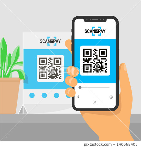Screen smartphone with app in hand. Scanning qr code on table and online payment, money transfer. Illustration of flat style. Vector isometric infographics. Screen smartphone with app in hand. Scanning qr code on table and online payment, money transfer. Illustration of flat style. Vector isometric infographics. 140668403