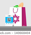 Purchase paid by qr code. Vector illustration of package with products in store. Flat isometric infographics. Scan qr code and online payment, money transfer. 140668404