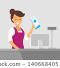 Smiling cashier at the checkout. Buying groceries in the store. Vector illustration of a flat style. Payment of purchases at the grocery store. 140668405