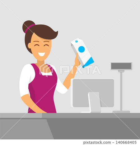 Smiling cashier at the checkout. Buying groceries in the store. Vector illustration of a flat style. Payment of purchases at the grocery store. Smiling cashier at the checkout. Buying groceries in the store. Vector illustration of a flat style. Payment of purchases at the grocery store. 140668405