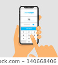 Vector illustration of phone in hand. The application for paying for purchases on smartphone screen. Enter amount on screen keyboard. Finger touch display. Vector flat infographics. 140668406