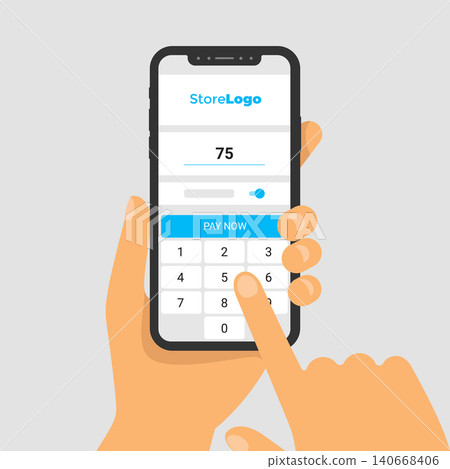 Vector illustration of phone in hand. The application for paying for purchases on smartphone screen. Enter amount on screen keyboard. Finger touch display. Vector flat infographics. Vector illustration of phone in hand. The application for paying for purchases on smartphone screen. Enter amount on screen keyboard. Finger touch display. Vector flat infographics. 140668406