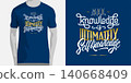 Inscription ALL KNOWLEDGE IS ULTIMATELY SELF KNOWLEDGE on blue background. Vector template with motivational phrase for apparel, shirt print design. Hand drawn illustration with lettering. 140668409