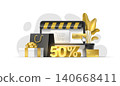 Set of 3D objects for online store, sale banner, discount shop, flyer, social media, mobile app, website. Fifty percent off. Vector template with plant, shopping bag, price tag, gift box, gold ribbon 140668411
