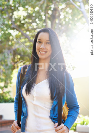 Happy woman, portrait and student with bag on campus for back to school, learning or education. Young female person or academic learner with smile and backpack in nature at college or university Happy woman, portrait and student with bag on campus for back to school, learning or education. Young female person or academic learner with smile and backpack in nature at college or university 140668450