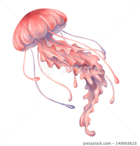 Cute watercolor illustration of a jellyfish character. Adorable sea creature for kids. Hand-drawn underwater cartoon animal in a pastel color for baby shower invitations. Clipart for nursery wall art Cute watercolor illustration of a jellyfish character. Adorable sea creature for kids. Hand-drawn underwater cartoon animal in a pastel color for baby shower invitations. Clipart for nursery wall art 140668628