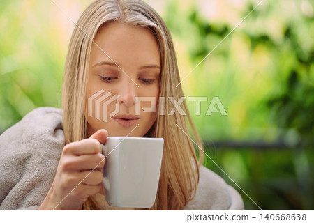 Garden, relax and woman with coffee in morning with drink, caffeine beverage and cappuccino for aroma. Happy, calm and person with mug in nature or backyard for breakfast, peaceful and wellness Garden, relax and woman with coffee in morning with drink, caffeine beverage and cappuccino for aroma. Happy, calm and person with mug in nature or backyard for breakfast, peaceful and wellness 140668638