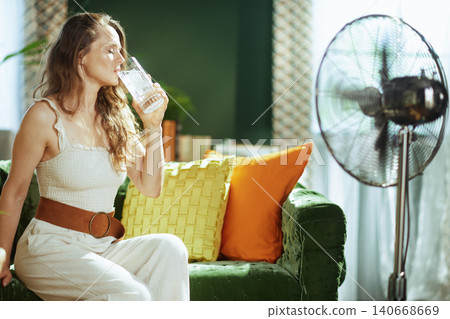 Woman Hydrating and Cooling Down at Home Woman Hydrating and Cooling Down at Home 140668669