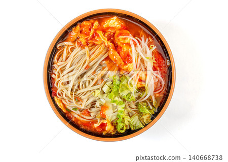 Nutritious mung bean noodles in a rich tomato and egg soup, garnished with fresh cilantro Nutritious mung bean noodles in a rich tomato and egg soup, garnished with fresh cilantro 140668738