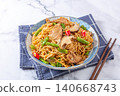 Traditional Chinese braised noodles (Lumian) with lean pork slices, shiitake mushrooms, and green beans 140668743