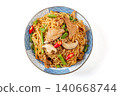 Traditional Chinese braised noodles (Lumian) with lean pork slices, shiitake mushrooms, and green beans 140668744