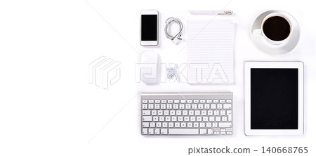 Table, studio or objects for office by white background or technology with stationary for professional job. Keyboard, cellphone or tablet by mouse for electronics, desk or paper with coffee in mockup Table, studio or objects for office by white background or technology with stationary for professional job. Keyboard, cellphone or tablet by mouse for electronics, desk or paper with coffee in mockup 140668765