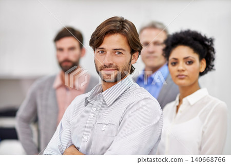 Happy, confident or businessman in portrait with arms crossed or commitment at work. Accounting, company or smile face for teamwork for support, solidarity or together with career pride in workplace Happy, confident or businessman in portrait with arms crossed or commitment at work. Accounting, company or smile face for teamwork for support, solidarity or together with career pride in workplace 140668766