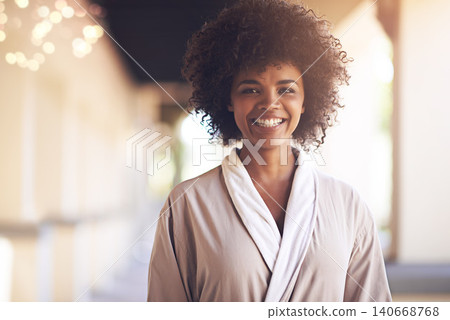 Spa, woman and happy portrait in a bathrobe for wellness, cosmetics and beauty treatment. Health, skincare and resort with an African female person ready for dermatology at a hotel with a smile Spa, woman and happy portrait in a bathrobe for wellness, cosmetics and beauty treatment. Health, skincare and resort with an African female person ready for dermatology at a hotel with a smile 140668768