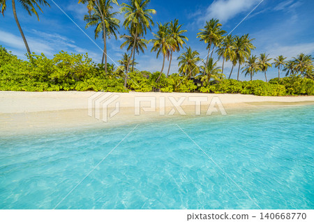Beautiful Maldives tropical beach palm trees crystal turquoise. Powdery white sand lush island foliage. Sunny paradise lagoon summer day, idyllic exotic coastal getaway background Beautiful Maldives tropical beach palm trees crystal turquoise. Powdery white sand lush island foliage. Sunny paradise lagoon summer day, idyllic exotic coastal getaway background 140668770