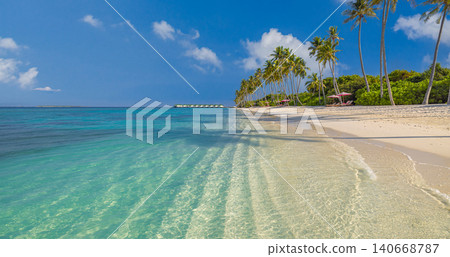 Beautiful tropical beach turquoise palm white sand. Lush island greenery bright summer day. Sunny paradise lagoon shore, idyllic exotic holiday coastal getaway Beautiful tropical beach turquoise palm white sand. Lush island greenery bright summer day. Sunny paradise lagoon shore, idyllic exotic holiday coastal getaway 140668787