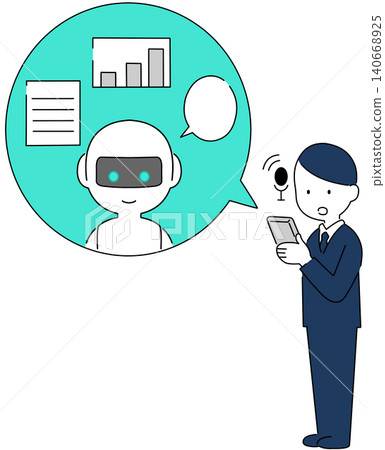 Full-body illustration of a male businessman asking questions to an AI assistant on his smartphone. 140668925