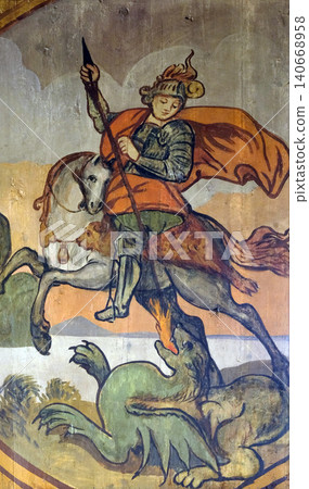Saint George slaying the dragon, altarpiece in the Church of the Saint Barbara in Velika Mlaka, Croatia Saint George slaying the dragon, altarpiece in the Church of the Saint Barbara in Velika Mlaka, Croatia 140668958