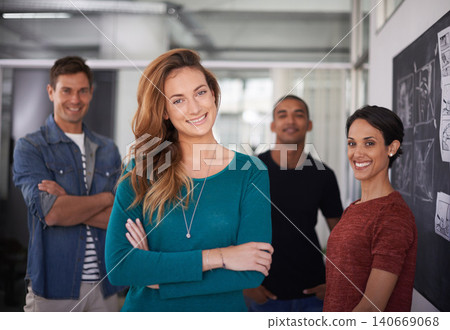 Businesswoman, smile and office portrait with colleagues, creative and professional career. Leadership, female person and confident with diversity coworkers in collaboration and standing together Businesswoman, smile and office portrait with colleagues, creative and professional career. Leadership, female person and confident with diversity coworkers in collaboration and standing together 140669068