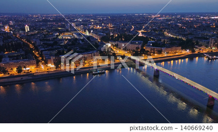 Novi Sad at night with bridges over Danube and Petrovaradin fortress 140669240