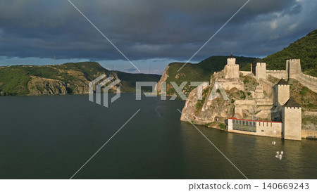 Golubac medieval fortress on cliff Danube river Golubac medieval fortress on cliff Danube river 140669243