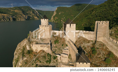 Golubac medieval fortress on cliff Danube river Golubac medieval fortress on cliff Danube river 140669245
