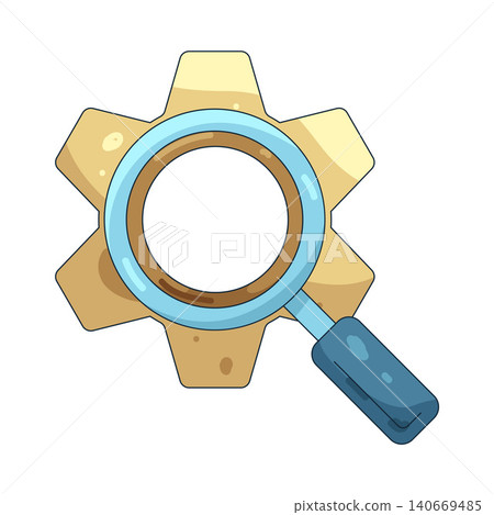 Illustration of magnifying glass over a gear Illustration of magnifying glass over a gear 140669485
