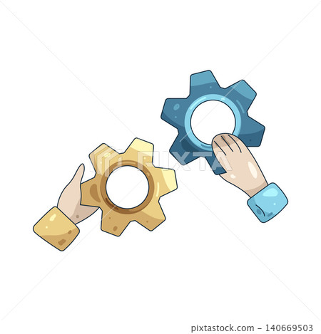 Illustration of Hands connecting two gears Illustration of Hands connecting two gears 140669503