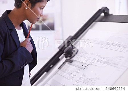 Floor plan, civil engineering or woman thinking of drawing for development project or planning on paper. Measure, architecture or female designer with ideas for sketching blueprint of office building Floor plan, civil engineering or woman thinking of drawing for development project or planning on paper. Measure, architecture or female designer with ideas for sketching blueprint of office building 140669634