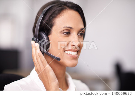 Happy woman, consultant and call center with headphones for customer service or support at office. Face of female person, agent or employee with smile in online advice, mic or consulting at workplace Happy woman, consultant and call center with headphones for customer service or support at office. Face of female person, agent or employee with smile in online advice, mic or consulting at workplace 140669653