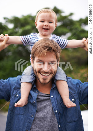 Portrait, smile or father with baby boy in outdoor, love or bonding together for child growth or development. Happy family, dad or kid on shoulders to play, face or responsibility for son on weekend 140669666