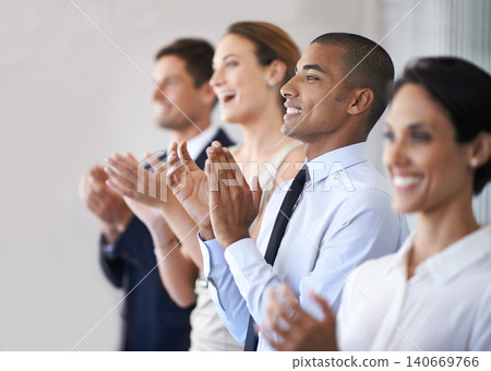 Diversity, employees and clapping in office, professional celebration or presentation. Success, stand for applause for corporate businesspeople, team victory for winning or good news and achievement Diversity, employees and clapping in office, professional celebration or presentation. Success, stand for applause for corporate businesspeople, team victory for winning or good news and achievement 140669766