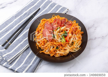 chinese Sausage Fried Noodles - Cantonese Style Stir Fry chinese Sausage Fried Noodles - Cantonese Style Stir Fry 140669850