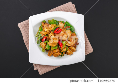 stir-Fried Wheat Gluten with Pork Belly and Green Peppers, Authentic Chinese Dish stir-Fried Wheat Gluten with Pork Belly and Green Peppers, Authentic Chinese Dish 140669870