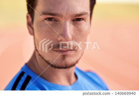 Portrait, man or fitness as workout, exercise or training in running, marathon or goal as cardio. Athlete, runner or track on health, wellness or challenge to strength performance in sport arena Portrait, man or fitness as workout, exercise or training in running, marathon or goal as cardio. Athlete, runner or track on health, wellness or challenge to strength performance in sport arena 140669940
