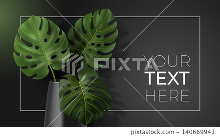 Vector poster with green tropical leaves monstera in vase on dark background. Botanical illustration with copy space for your text in frame for interior, home decor, poster, banner, card, ad, design Vector poster with green tropical leaves monstera in vase on dark background. Botanical illustration with copy space for your text in frame for interior, home decor, poster, banner, card, ad, design 140669941