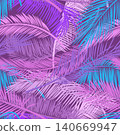 Pink and violet leaves palm tree on dark background. Beautiful seamless tropical floral pattern background. Vector pattern for print design, wallpaper, site backgrounds, postcard, textile, fabric. 140669947
